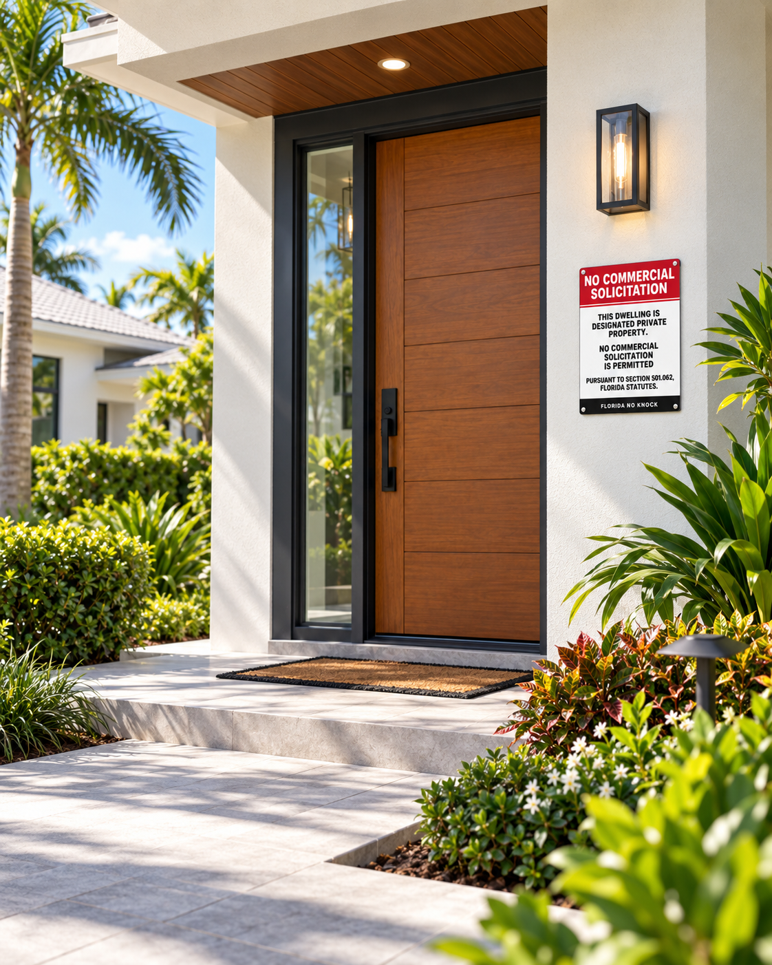 Florida No Knock sign mounted beside a modern residential front door