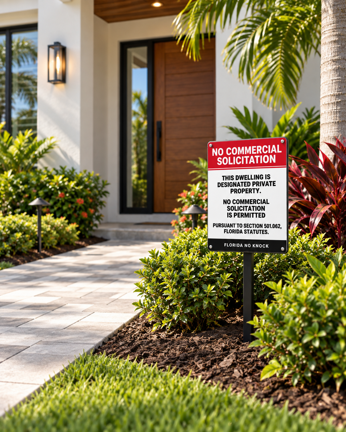 Example of the Florida No Knock sign installed in front landscaping near a walkway